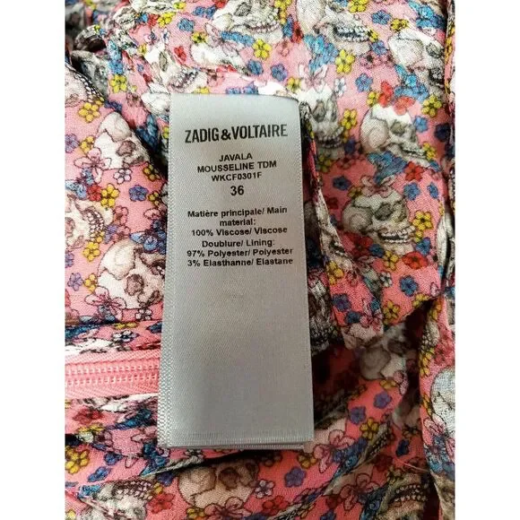 Zadig & Voltaire Javal Mousseline TDM Skirt Rose 36/SM Sugar Skulls Print NWT - Picture 14 of 15
